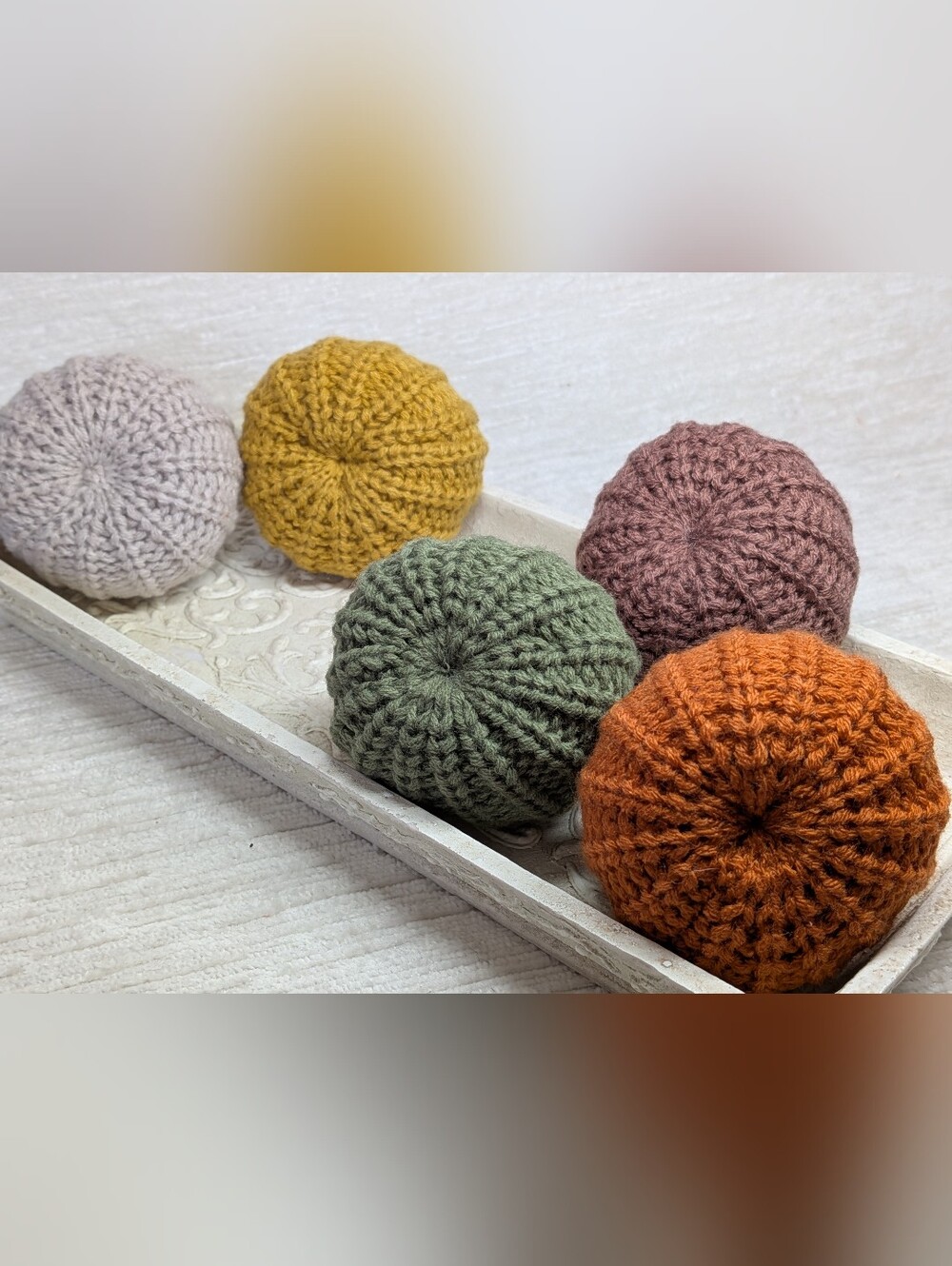 Crochet Knit Pumpkin Mini Set Of 5 Autumn Colors Soft About 2.45" - Picture 7 of 8